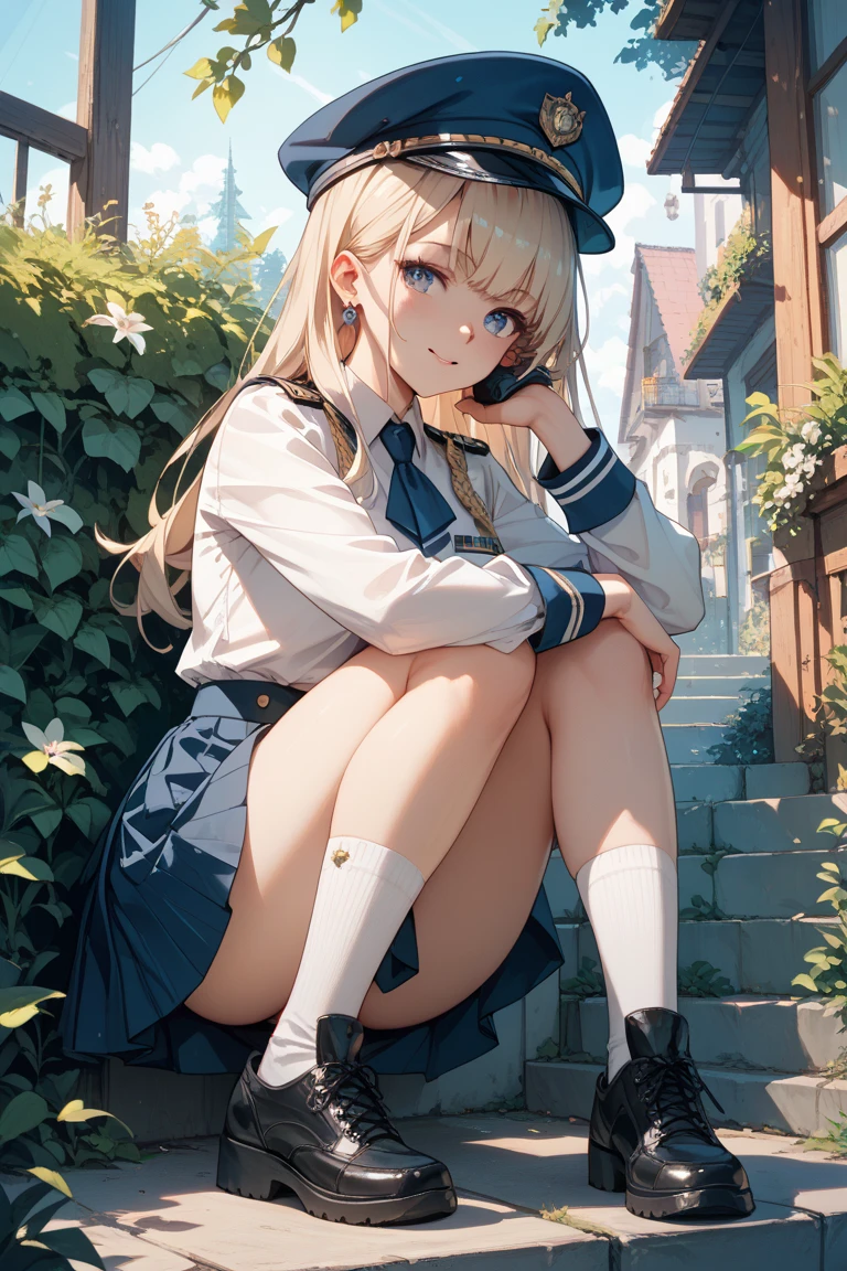 Masterpiece of detail, top quality, 1 girl, solo, 25 years old, 140cm, flat, tiny tits, silky textured hair, medium length, braids, two color mesh, realistic eyes, great looks , neat, up close, closed_mouth, smile, blush, shy, matching hat, hat, pink bow tie, , blue jacket, jacket, skirt, gray pleated skirt, cutter shirt, white shirt, legs, black socks, sitting, office, hair_ornament, looking_at_viewer, beautiful detailed eyes, mesmerizing gesture, seduction, professional effects, inviting, natural princess, receptionist, corporate building