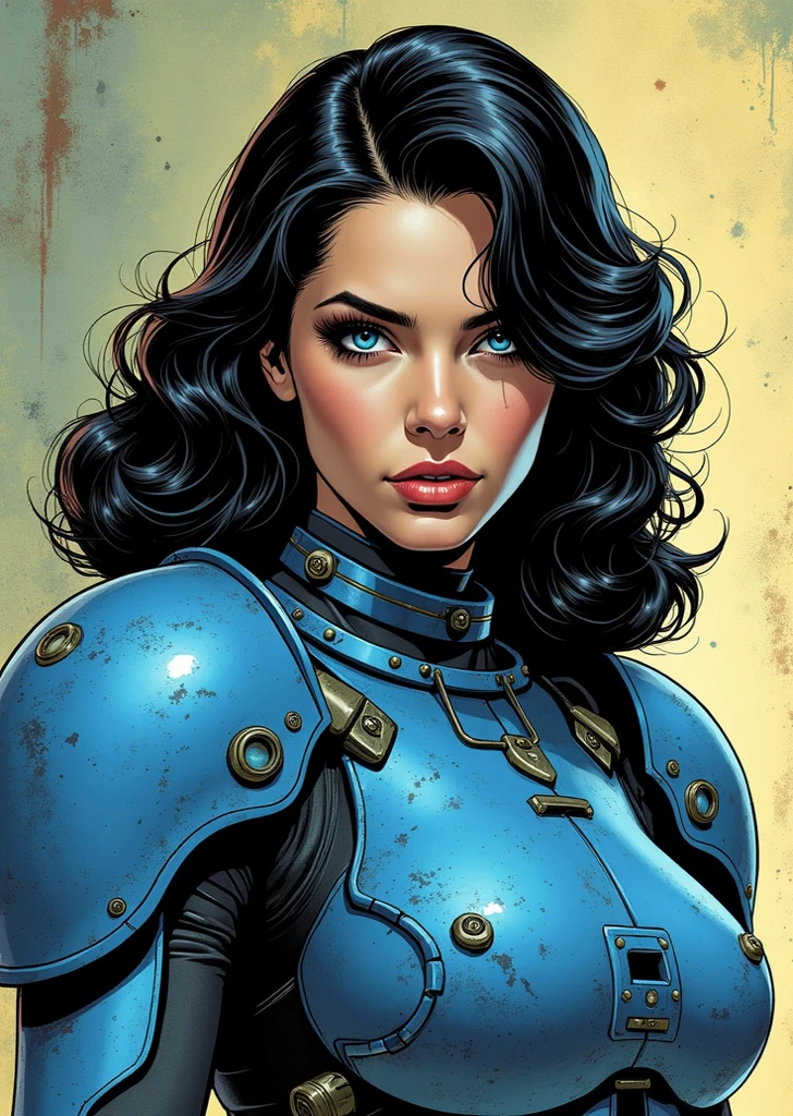 (Female model),looking into camera, short black hair, gorgeous eyes, high arched eyebrows,big full breasts, seductive look, (pastel blue leather jacket exposed cleavage:1.3), black leather pants, stilettos, midnight modern metropolis, spot lighting, backlight on hair,Patrick Nagel artstyle