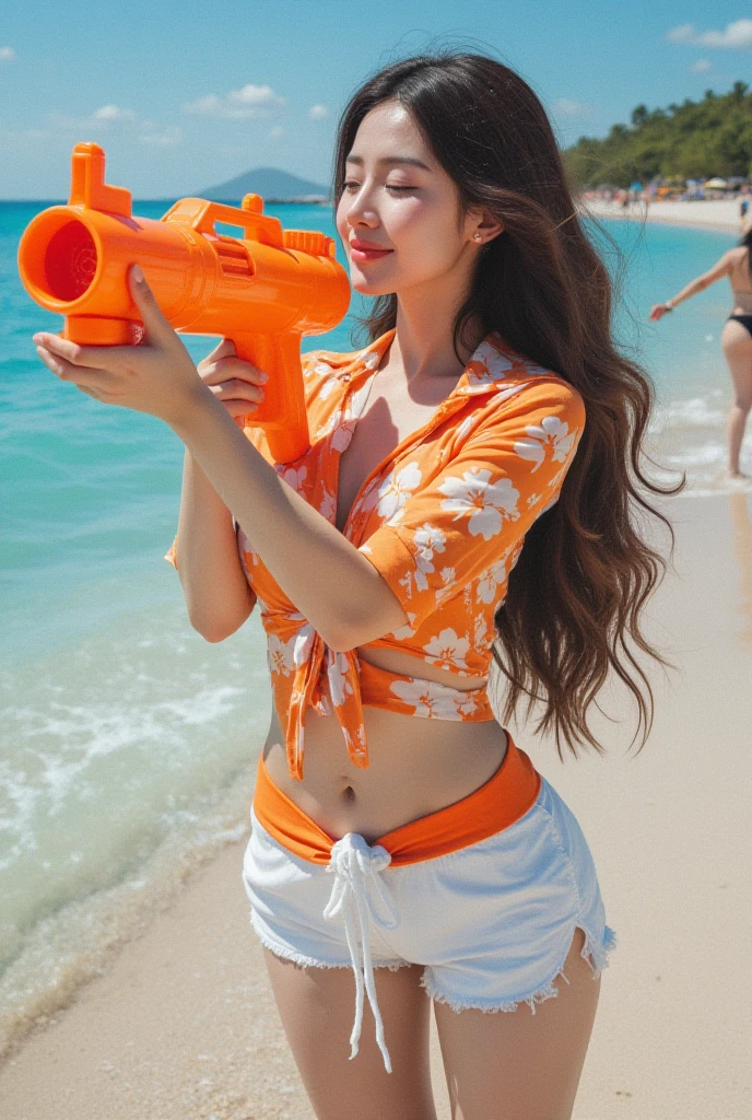 Create an image of Leona from League of Legends by Riot Games in her Pool Party skin,massive g-cups, wearing a blue swimsuit with a white sarong, holding an inflatable shield and a water sword; she is using her 'Zenith Blade' ability, dashing towards an enemy with a trail of blue light from her water sword, set against a swimming pool backdrop with clear blue water and other LoL champions enjoying the pool party
