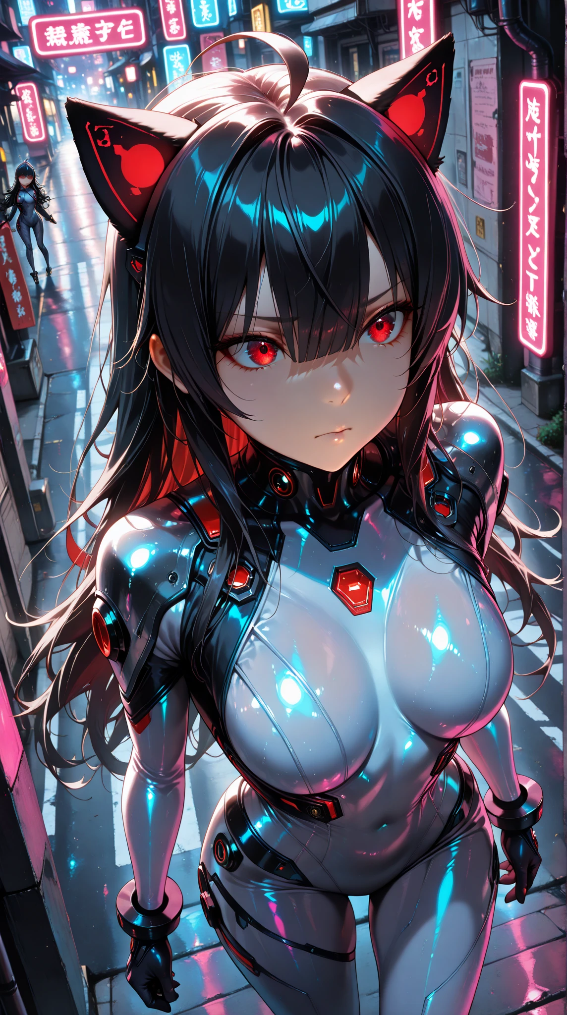 top-quality))、((masterpiece)、cyberpunked、Big buttocks、Electronic visor attached to -yeld gis face with emphasis on buttocks、Cyberpunk Fashion、Sexy Posing、(Wearing shiny red body spats on the lower body、Breasts enlarged、Neon lights in dark city at night