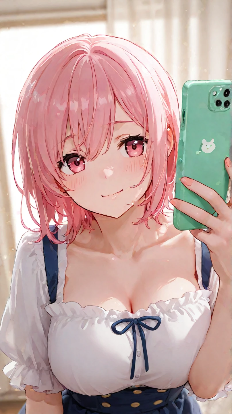 (Masterpiece, BestQuality:1.3), (ultra detailed:1.2), (hyperrealistic:1.3), (RAW photo:1.2), High detail RAW color photo, professional photograph, (Photorealistic:1.4), (realistic:1.4), professional lighting, perfect anatomy, (Big Breasts:1.1), (blush, detailed face), (cheerful Smile:1.5), Trending Hair&Trending Hairカラーをランダムに, earrings, necklace, bracelet, sexly, erotic sexly, Random sexy gravure poses, (A beautiful woman with pink hair in a white bathrobe is relaxing in the bathroom。Her hair is bob-cut、Taking a selfie in front of the mirror。:1.3)