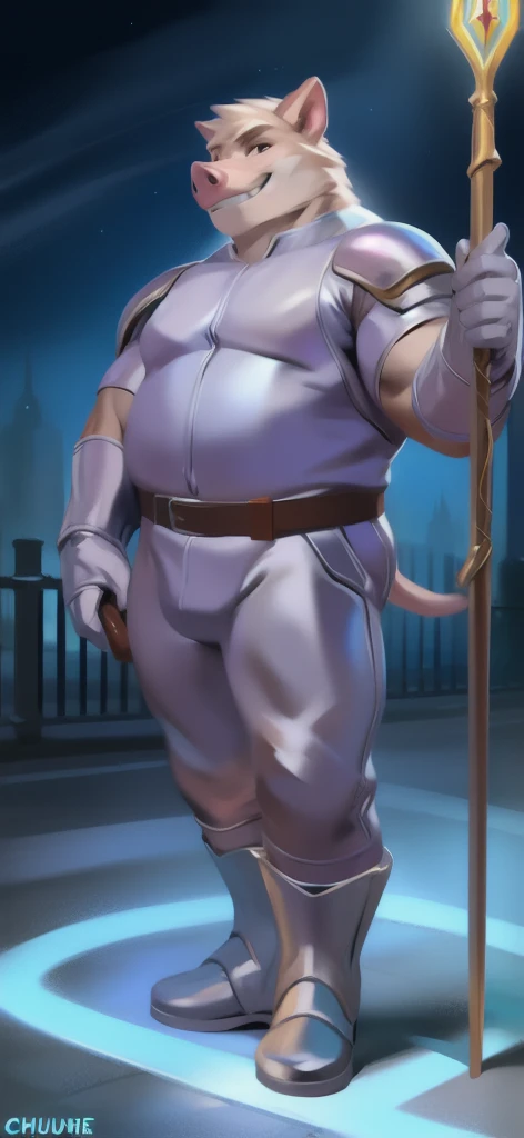 Cow, short beard, white hair, white king outfit with furry cape, holding microphone, huge chest, huge ass, malicious smi, blue eyes, fear face