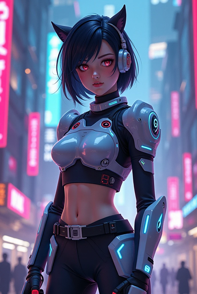 stylized style, Overwatch style female character concept, full body back and front view, robot detailed face with round eyes, cyberpunk theme