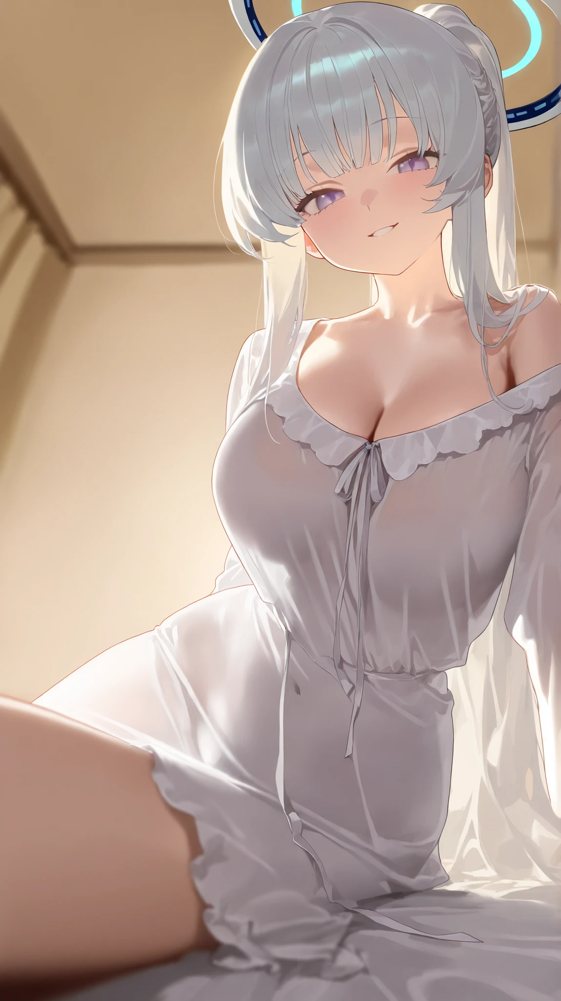 1girl,noa \(pajamas\),purple eyes,halo,white hair,white dress,ponytail,
year_2023,foreshortening,highres,high definition,absurdres,amazing quality,best quality,masterpiece,very aesthetic,masterpiece,simple background,
indoors,cowboy_shot,see-through clothes,looking at viewer,close-up,macro_shot,seductive_smile,naughty_face,,(),love hotel,dark,lambent light,sitting on bed,cinematic_angle,from_side,
