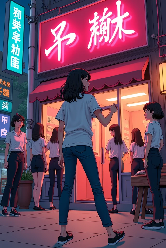 only one girl, 1girl, nervous, hairpin, short hair, peace sign, restaurant background, night, looking at the camera, sharp image, masterpiece, full body