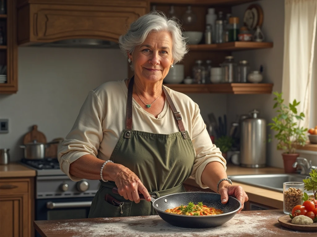 A 61 year old lady ,with curly hair,who likes to cook