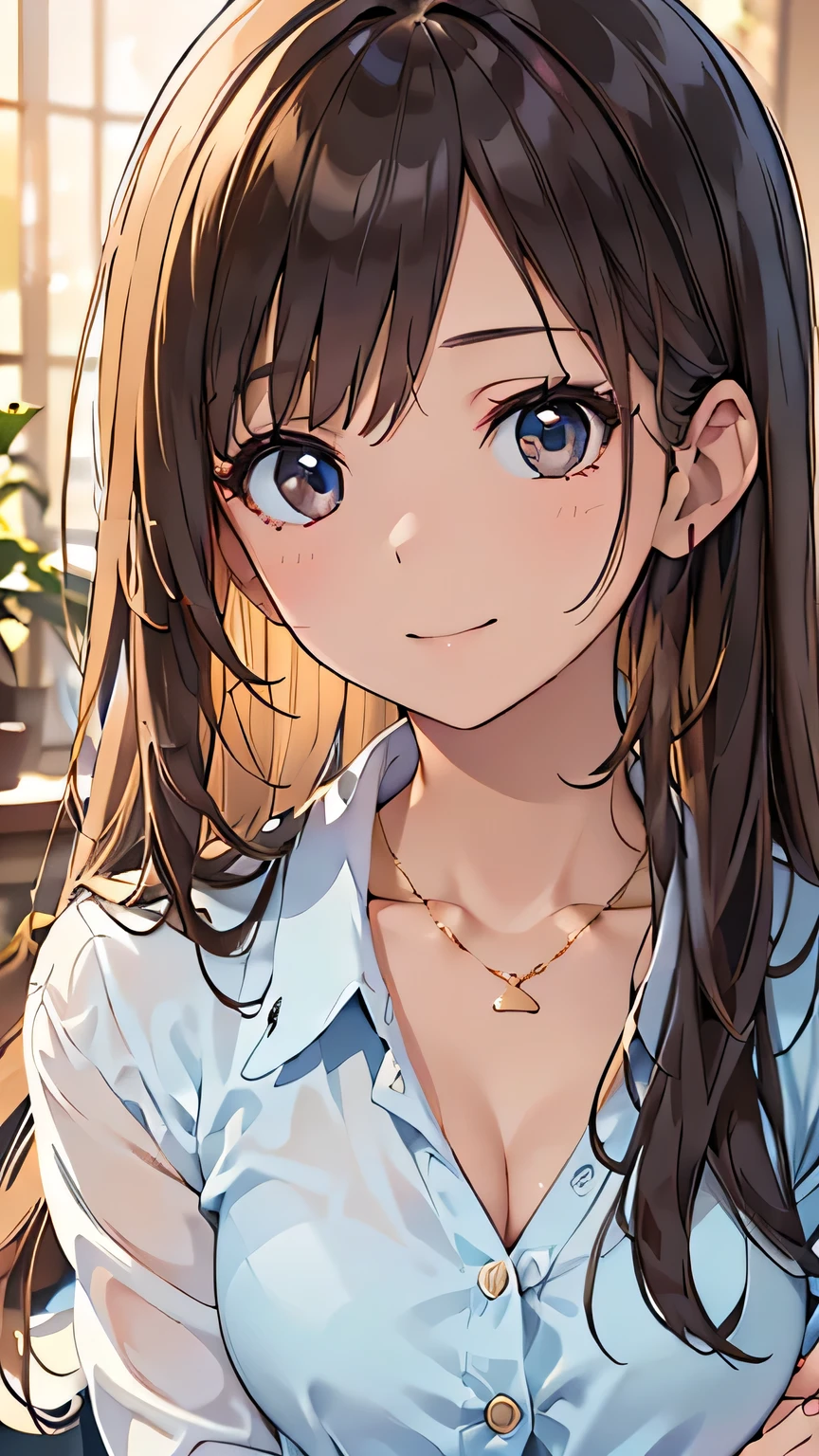 Official Art, wallpaper, very well detailed, (((very well detailedな目と顔))), Realistic Portraits, (of the best quality, masterpiece, high resolution), (high resolutionスキン: 1.2), 8K Ultra HD for information shows, backlight, blurry background, smile, one woman, a woman in a white shirt , beautiful woman, attractive beautiful face reflecting the whole body and face, Beautiful face and perfect skin , Diffused, Natural Skin Glow, Attractive and beautiful, Wrapped in golden light, Gorgeous and attractive, soft golden hour lighting , Natural Beauty Expressive Poses, Soft Golden Light , Attractive girl, gold background, dynamic angle