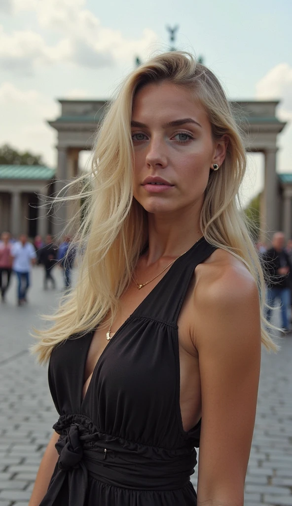 White Blonde girl with sharp jaw line wearing beach black sexy dress in rome