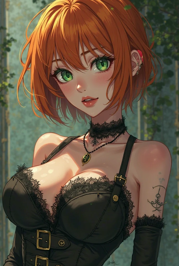(masterpiece)(8k)(cute)(close-up) a 18-year old girl, throne, lewd, upskirt, (pubic hair:1.2), orange hair, short hair, wild hair, lime green pupils, seductive smile, (glossy lips:1.1), shiny lips, eyeshadow, semen, rossdraws pastel, digital wallpaper art, anime 8k style, blurry background
