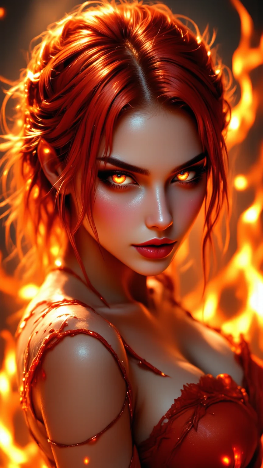a goddes woman that have beautiful body, her mouth is open showing her very sharp teeth, beautiful long curly hair, red eyes. Her powers is fire, she can turn into invisible and speed than a light. Her attitude is only nice to people who is nice to her