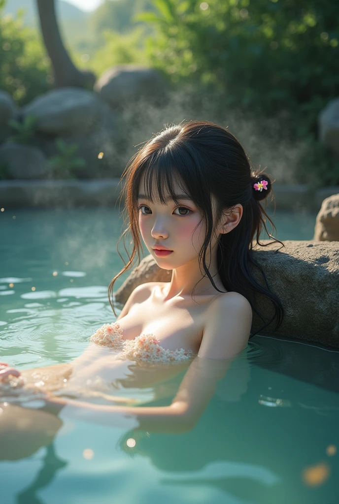 最high quality、high quality、best image quality、8K、最High resolution、High resolution、最high quality、masterpiece、Realistic human body with detailed details、Realistic skin in every detail、Realistic face in every detail、Realistic eyes in every detail、Realistic lips in every detail、Realistic teeth in every detail、Realistic ears with attention to detail、Realistic hair with detailed details、Realistic arms with attention to detail、Realistic hands with attention to detail、Realistic fingers with attention to detail、(fine hands、thumb1reference4)、Realistic legs with attention to detail、Realistic feet with attention to detail、((beautiful japanese girl))、(japanese model), (japanese woman)、((18 year old beautiful girl))、(black hair)、(straight hair)、(ponytail)、((whole body))、((Beautiful breasts directed upwards、Medium chest))、(slim style、slender style)、(whole body光沢肌、Fair skin)、Detailed and realistic human body、detailed realistic skin、detailed realistic face、detailed realistic arms、Detailed realistic fingers、Detailed realistic feet、soft natural light、(Kusatsu Onsen、Gero Onsen、Dogo Onsen、Noboribetsu Onsen、Arima Onsen、Hakone Yumoto Onsen、Atami Onsen))、((Hot springs in winter))、((Snow is falling from the sky))、((360 degree、wood々Natural hot spring surrounded by moss))、((Natural open-air bath covered in snow))、((Realistic rock bath))、((Deep bottom bath(Deep hot springs))、(((colorful transparent see-through(Wearing a bikini and entering a hot spring)))、The shape of the nipple is clearly visible、The shape of the genitals is clearly visible、((sit with your knees bent over the hot spring))、((Sit in the hot springs))、((A woman warms her body by soaking in a warm hot spring))、((sit with your knees bent in a hot spring))、((Lying in the hot springs))、((kneel in a hot spring))、((Lying in a hot spring area submerged in water up to shoulder height))、((A large amount of steam is rising from the water in the bathtub))、((Hot springs with very high transparency))、((Main body seen from the water surface))