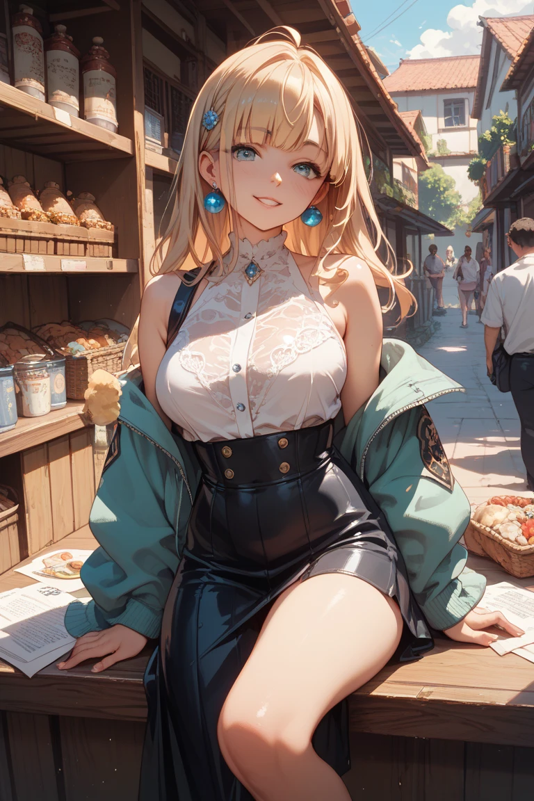 masterpiece, absurdres, best quality, ultra detailed, high Resolution, detailed illustration, bright colour, (extremely beautiful detailed face and eyes, Delicate beautiful face, 1 girl, cute face:1.3), (magenta eyes:1.1), sparkling eyes, big eyes, medium breasts, (perky breasts:1.1), (pointy breasts:1.1), medium hips, glamorous body, white skin, BREAK, long bob cut, (blonde hair:0.8), messy hair, detailed hair, shiny hair, BREAK (buggy long t shirt, middle skirt, down blouse:1.5), perfect lighting, (embarrassed:1.5), (ecstasy, vulgarity:1.5), (trembling:0.8), Food stalls, tourist spot, Choosing food, Southeast Asia,