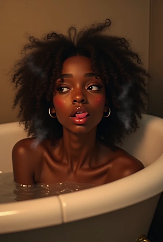 1girl, head phones, under pink bubble water, (18 years old), (dark skin), dark skin, wide shot, (pink strapless dress), (Masterpiece, Professional lighting, 16k, 8k wallpaper, raw photo, photorealistic:1.8, ultra detailed, natural lighting, detailed skin sexy pose, open mouth, big lips, night time, eyes closed, pink light, steam, pink foam