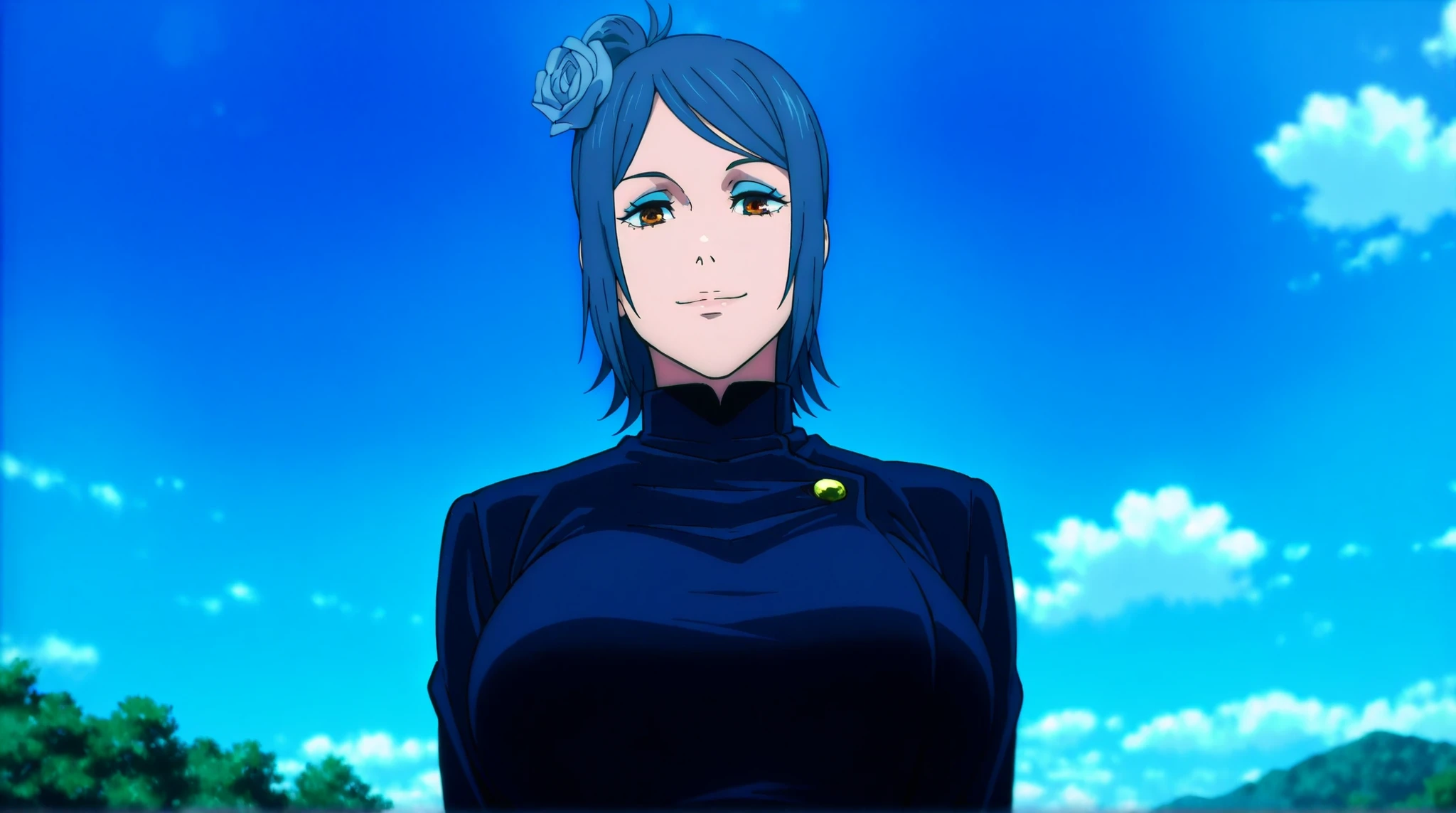 front view,
1girl,mature female,milf,huge breasts,upper body,looking at viewer,
Best quality,masterpiece,,high quality,highres,absurdres,epic scene,natural textures,konan,hair flower,flower,hair ornament,blue hair,blue eyeshadow,orange eyes, wearing a modern black Jujutsu Kaisen sorcerer uniform, ((upper body)), cowboy shot, BREAK outdoors,blue sky,cloudy sky,old japanese city, smile, looking at viewer, solo