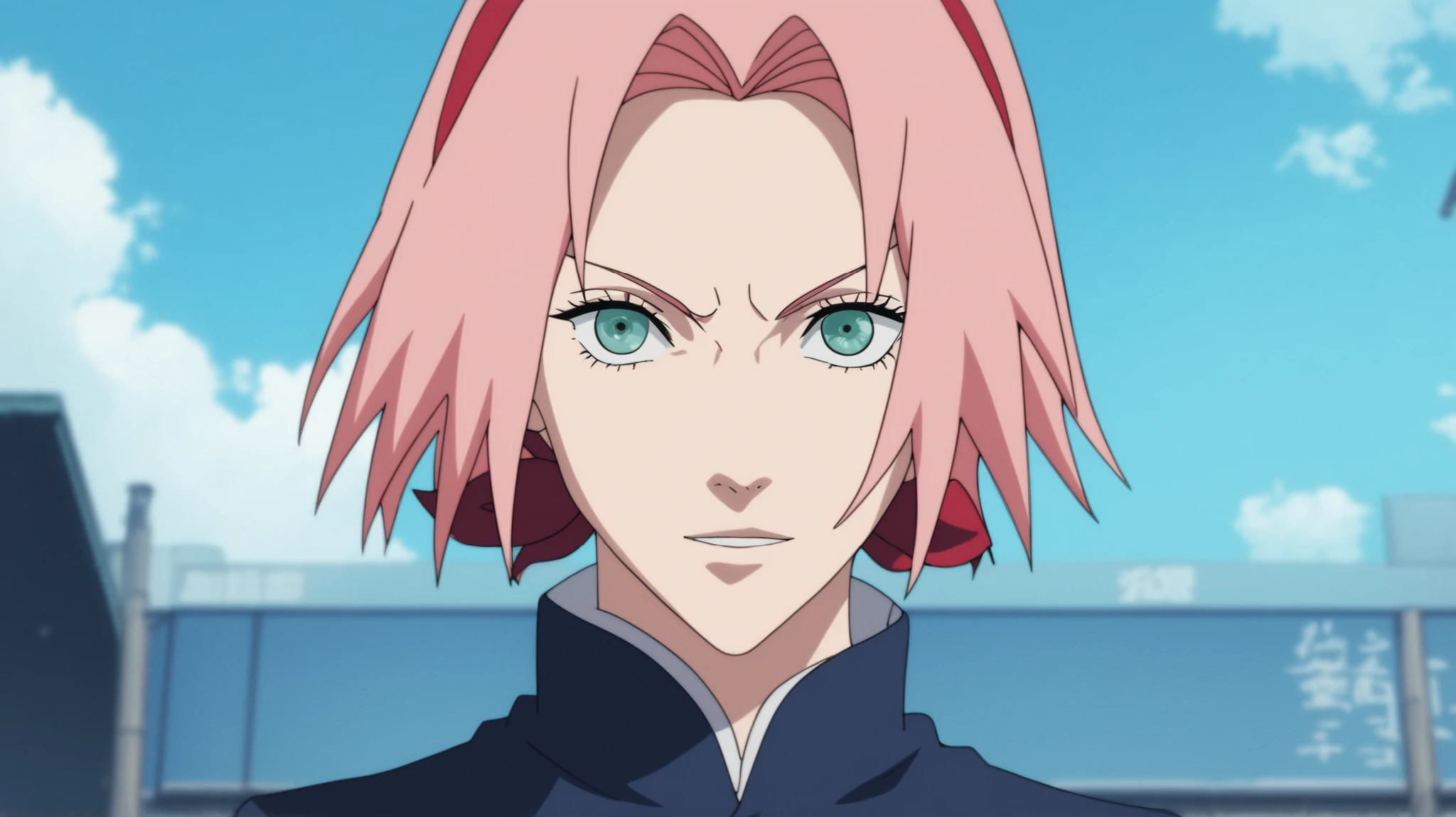 sakura haruno,1girl,short hair,solo,looking_at_viewer, jujutsu_kaisen_style, wearing a modern black Jujutsu Kaisen sorcerer uniform, top, pants, ((upper body)), cowboy shot,
BREAK
outdoors,blue sky,cloudy sky,old japanese city