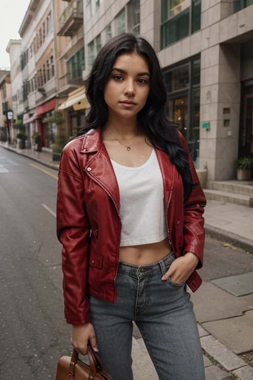 beautiful woman, with dark brown wavy hair, with a red jacket