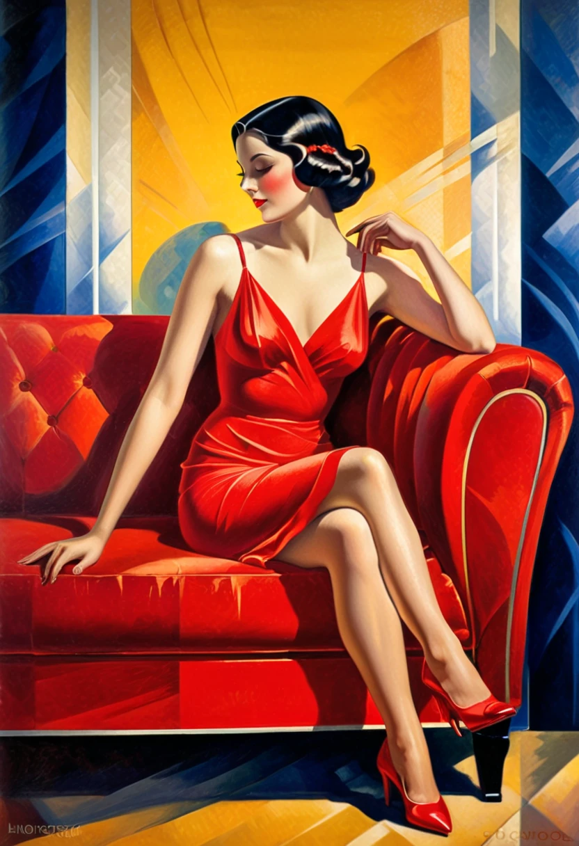 Painting of a milf reclined in ecstasy. Oil painting in the style of Tamera de Lempicka