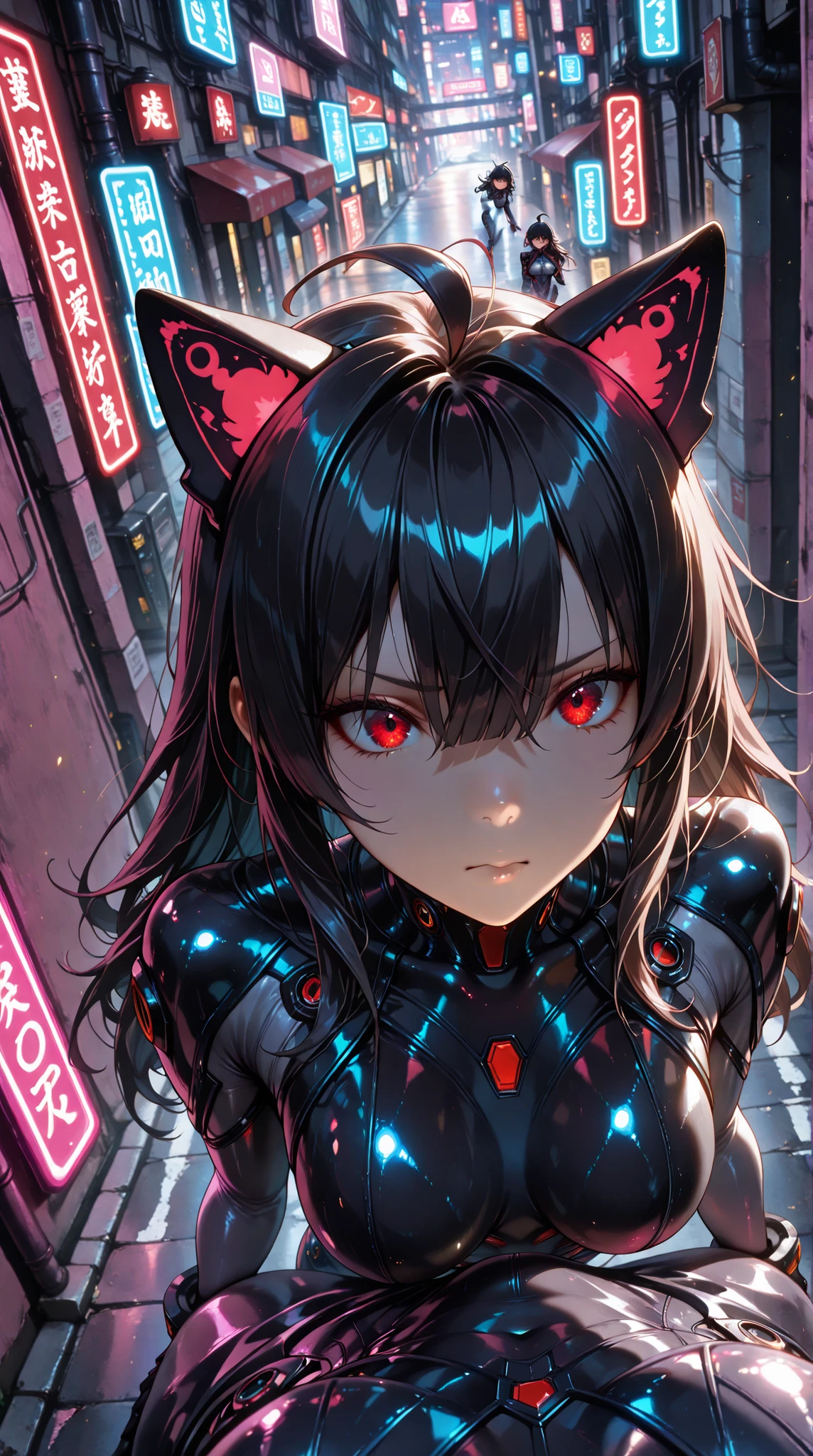 masterpiece, Beautifully drawn, a chic{(, junkotvvxl , red eyes, black hair, cat ears, blows, hair between eyes, long hair, , (Ahoge), straight bangs, hair between eyes,
), breasts, body suit, }, Futuristic Tokyo , street, neon light, amazing lighting , from above