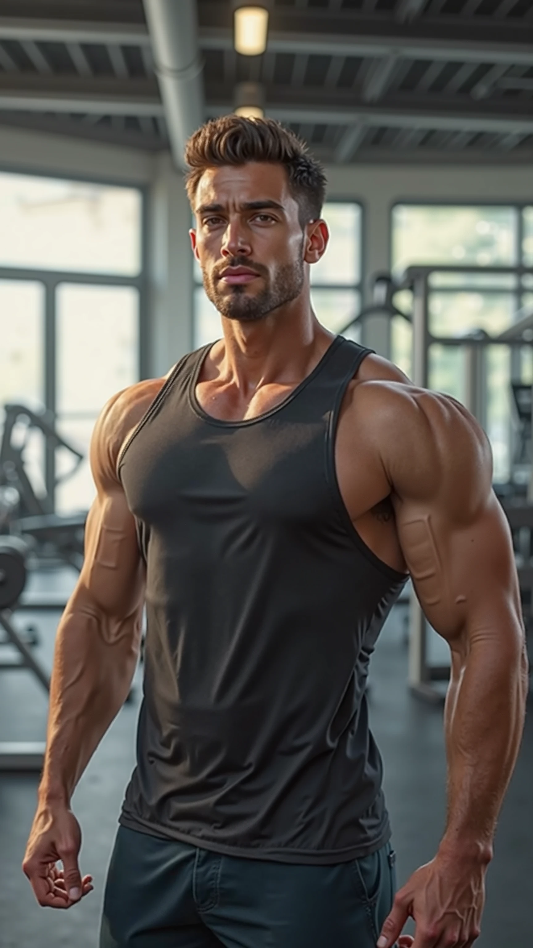 masterpiece, best quality, high resolution, realistic, handsome, photogenic, syahnk, SFW, a photo of a 35 year old gym frat (man:1.2) portrait, standing in a gym , doing military press, weights, stunning , short buzzcut hair,stubble head , (hypermuscle),looking at the viewer, flirting with the camera, charming, (tight white gym shirt ),(GS-Masculine:1), 8K UHD