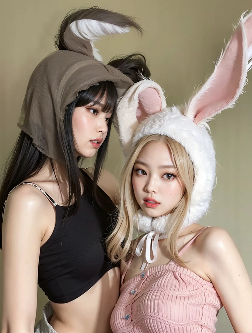 Polaroid film, masterpiece, best quality, 3girls, bunny girl, pink background, ulzzangs