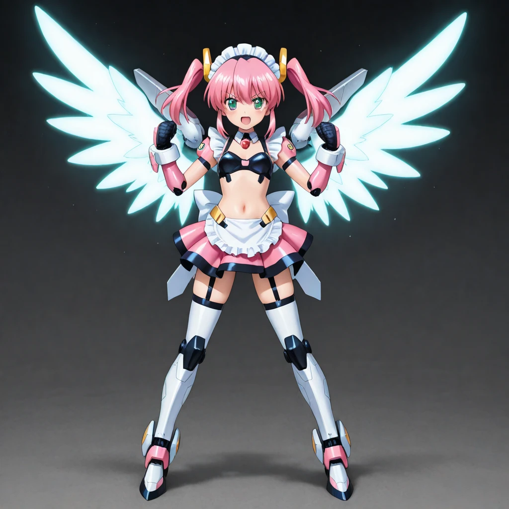 ((masterpiece, hyper quality, highly detailed)), photo realistic, realistic, (ultra high definition: 1.2), High resolution 16k, (Skin texture must be natural:1.5), (完璧な解剖学),3D,japanese high school girl wears only a futuristic Gundam mecha,(Gundam mecha), Gundam style,with headgear,with gundam style v-fin on the forehead, (mechanical wings),, biomechanics boobs, biomechanics thighs,mechanical shins and feet,visible cleavage,visible groin, android heroine, fully robotized!! girl, perfect android girl, small details. , (cute:1.2), (bob cut:1.3), 黒髪, 太い眉毛, 薄い色の虹彩, 大きくて輝いている黒い瞳, 長いまつげ, 小さく薄い色の自然な唇, ((Average face of Japanese idols)), (日本人特有の童顔:1.3), (baby face:1.1), 広いおでこ:1.2, ふっくらした頬, 小さな顎, 詳細な太腿,細い体, in the hangar,(depth of field:1.5),,looking at viewer,Focus on the eyes