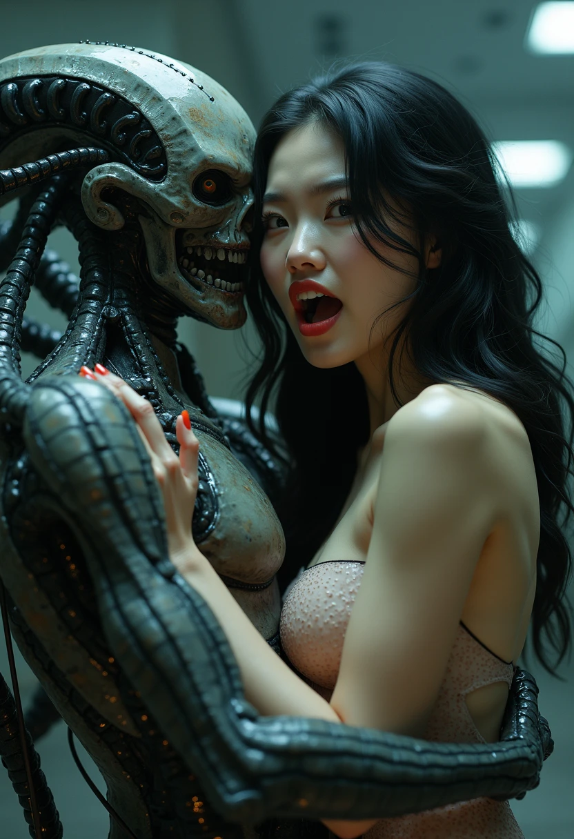 close-up, full length,absolutely naked 17 years girl swallows sexual organ of the alien humanoid same man from another planet , flirt,sexy, ultra high quality detailing
