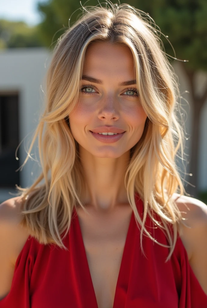 1人の女性, Women similar to Cameron Diaz, smil, Looking at the camera, Red V Neck Dress, Photorealsitic, Best Quality, intricate and delicate, 8k wallpaper, top-quality, ​masterpiece, realisitic, ultra-detailliert