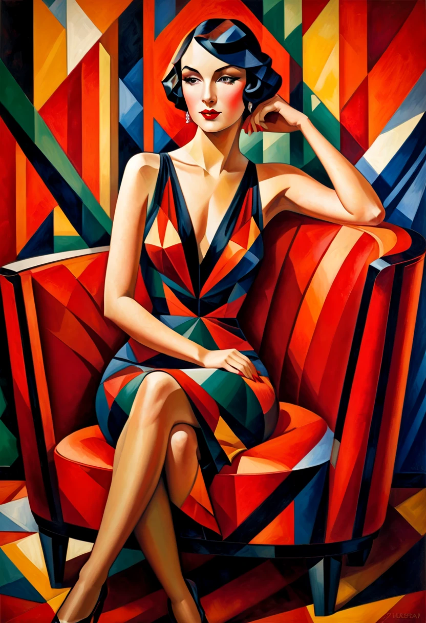 Tamara De Lempicka Style - Create a Scene, NAPLES, VESUVIO in the style of Tamara de Lempicka. Use geometric shapes and metallic colors, to emphasize the Art Deco style