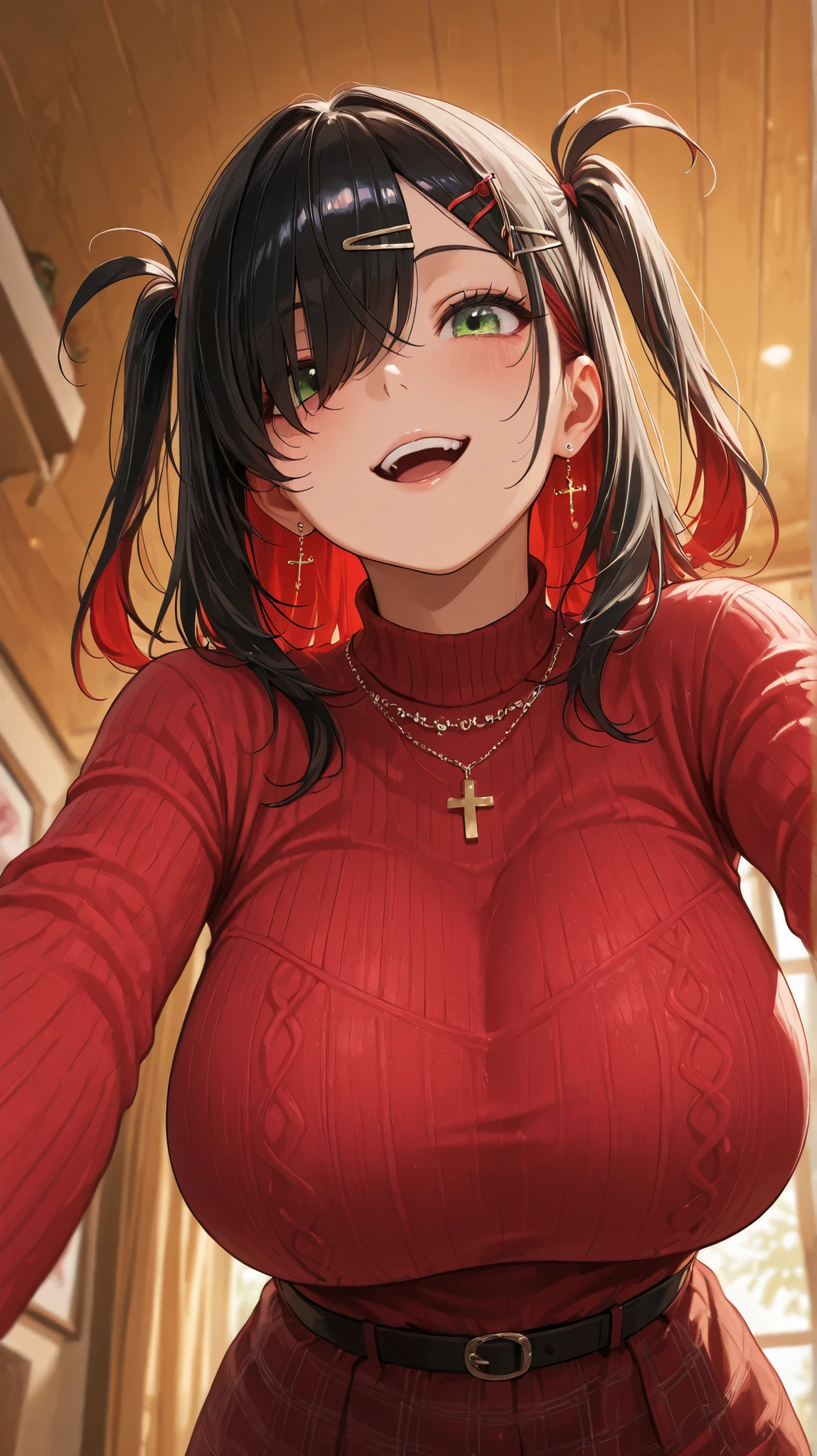 (((solo))), looking up from below,very cute face, cute girl, long,twin tail hair, ((black hair color,red inner color)), bangs over one eye, Green Eyes,The cross shines in her eyes.,big eyes,Yamikawa subculture outfit,Beautiful Skin, hairpins,open_mouth expressive, smile, looking at viewer, dynamic action,Big Breasts, cross piercing,Beauty, perfect smooth skin,cute room, masterpiece, top quality, is embarrassing,Warm colors, High Fashion, Rub the extremely absurd , Brilliant Color, High Resolution, intricate details