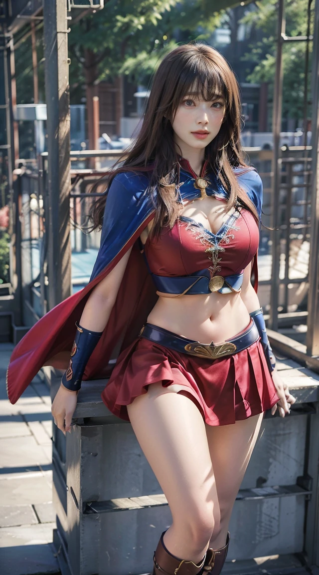 Young woman, goddess, (((Blue and red eyes))), Beautiful makeup, bright red lips, ชุดเดรสลูกไม้สั้นwhite, (thin), hair, (hairสีดำ, hairตรง, hairยาวมาก), milk, (big breasts, เต้าmilkใหญ่, breast augmentation), shape, (small waist, ร่างกายthin), (majestic, Charming Succubus), (short dress, white, tight fitting, gold pattern), (Red coat, floating cloak), (Few pieces of armor, hand), (dynamic poses), (holding sacred weapons, long staff, antique walking stick, Sorcerer's Staff, Witch's Staff), CG, Realistic resolution, 8K, light transmission figure, fight, Monster, Magic, beam, (sky backdrop, cliff, meadow, Dungeon, historic site),