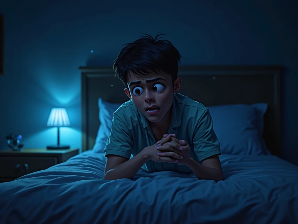 Image Idea: Small boy Ali sitting upright in bed, eyes wide with fear. His mouth slightly open as he asks, “Who’s there?” The room remains dark, with only dim light highlighting his frightened expression. The shadow should be barely visible in the background.