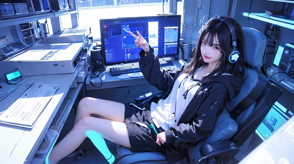 (1 girl, black hair, short hair, white headphones , black hoodie, peace sign), (photos, Blue monitor light, Blue Neon、SLR camera on desk)