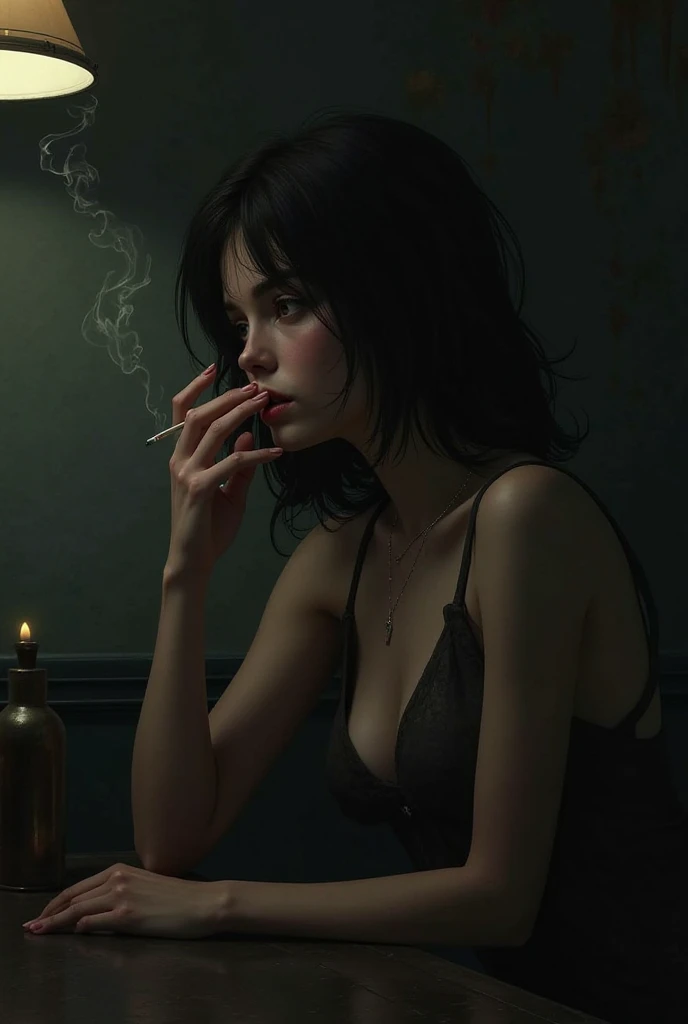 DEN_violet_myersMK2,
sitting in a smoky bar drinking a glass of wine wearing a cocktail dress smoking a cigarette, lowlighting, atmospheric, candle light, smoking, cigarette, nightie, evening, bar at night, smoke,
bokeh, f1.4, 40mm, photorealistic, raw, 8k, textured skin, skin pores, intricate details  <lora:epi_noiseoffset2:1>, epiCRealism, <lora:ClothingAdjuster3:-1.0>