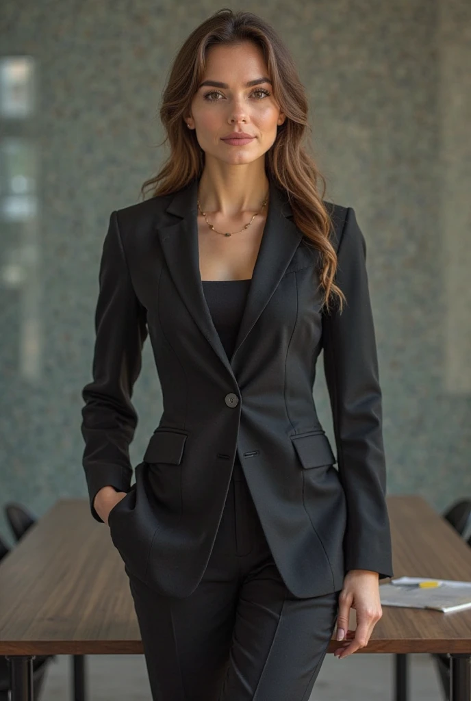 A realistic photo of beautiful italian business woman with professionnal black skirt suit, light makeup, long straight dark blonde hair, high quality, very detailed, perfect fit, looking at the camera