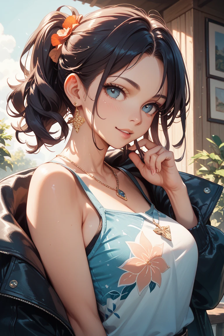 ((((highest quality)))), (((Ultra-precision CG 16K))), (((masterpiece))), (((Very detailed))), (((Extremely detailed))), (((Black outline:1.3, Written boundary depth:1.3 , Written soft outline, sharpness))), Maximum clarity and sharpness, Multilayer Texture, Surface Shading, Cinematic lighting, Beautiful details sparkle ,Perfect Proportions, Limited to one woman, BREAK accurate, Anatomically correct, Highly detailed face and skin texture, drawn in detail, Highly detailed facial and skin texture, Detailed eyes, beautiful hair, Beautiful Japanese Idol face, Beautiful and beautiful eyes, Beautiful body, Beautiful breasts, Beautiful thighs, Beautiful legs, Beautiful fingers, (Beautiful views) , skinny body, ((Beautiful Skin)), ((Skin Texture)) BREAK breast enlarged, medium Breasts, rocket breasts, (((perky breasts))), (covered nipples), slender waist, ( narrow eyes, blush, determined expression, hot, sweaty , Heavy breathing,) , (streaked hair, hair intakes, colored inner hair, ) BREAK (((wearing printed sexy professional clothing , wearing wide-leg-pants, breasts is covered by outfit))) , wearing earrings, (((suntanned skin, tan lines))) , BREAK ( stick breast out),(((looking at viewer, super detailed background , ))), BREAK (((portrait , close-up of face, bust-up shot, looking at viewer, bending over )), (natural make), random angle, random situation , pinup magazine pose
