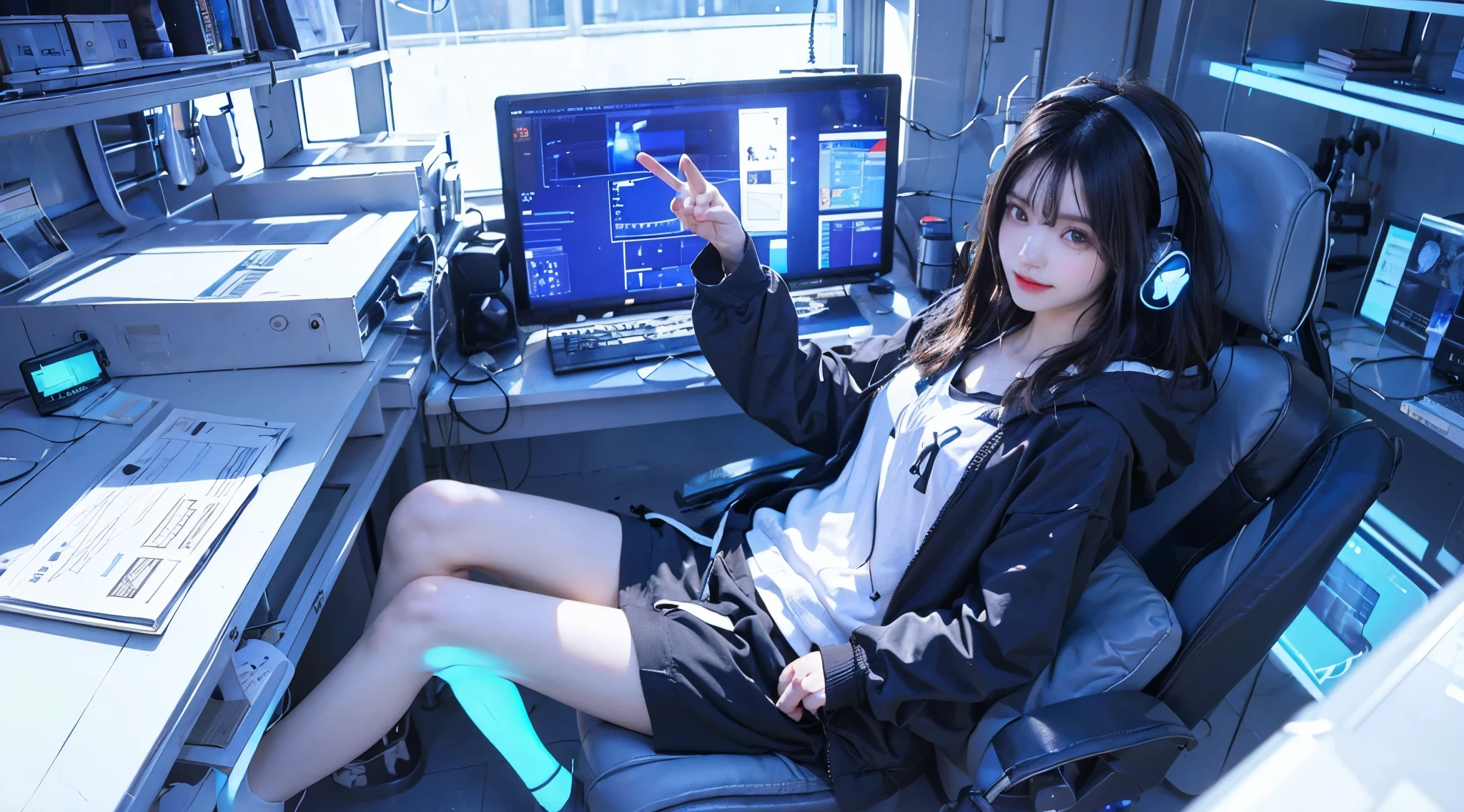 (1 girl, black hair, short hair, white headphones , black hoodie, peace sign), (photos, Blue monitor light, Blue Neon、SLR camera on desk)