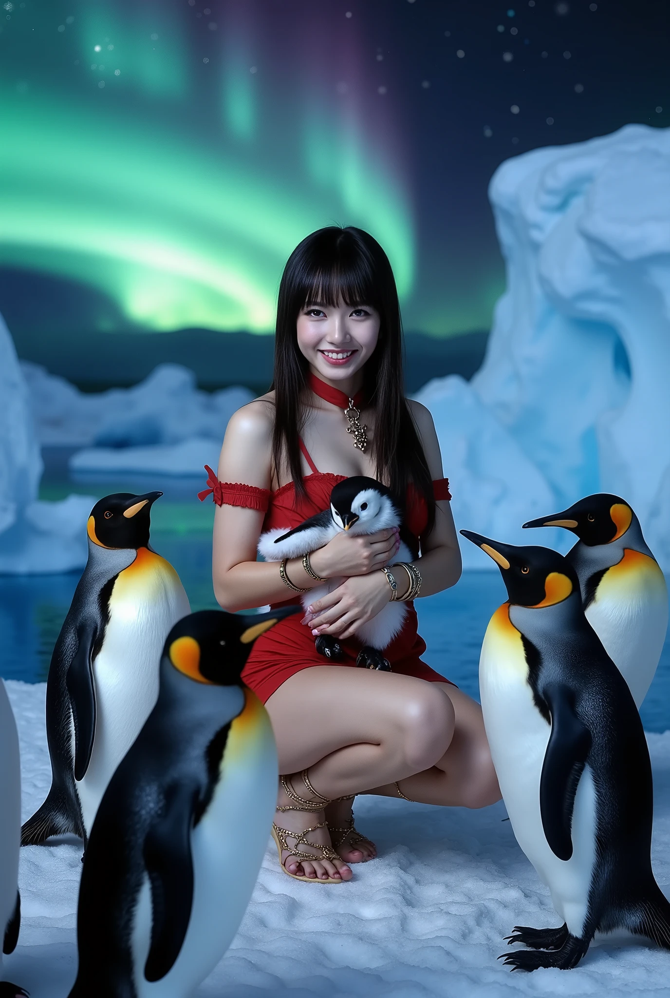 Create a portrait of a stunning Japanese female singer. She has a slender physique, small breasts, and thin legs. Her long hair features bangs, and she wears a red Gothic-style mini dress complemented by Gothic makeup. The scene captures her smiling while holding a baby penguin beside adult penguins, all illuminated by a spotlight. The background showcases majestic Antarctic icebergs and a vibrant aurora. The angle should be dynamic to enhance the visual impact.