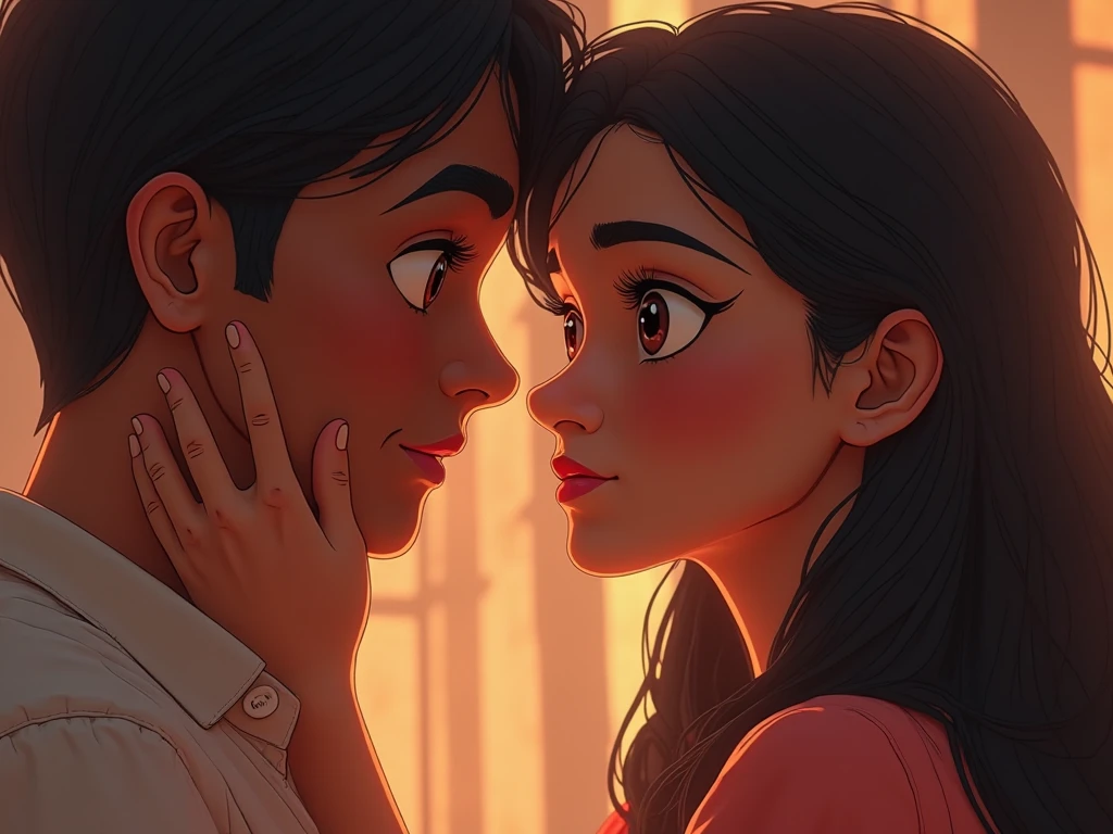 a girl (diamond shaped face, tanned, dark features aber nicht zu volle augenbrauen, stupsnase, laughing, while her eyes turn into “slit eyes” when she laughs,tied hair blue dress)and a young boy whose side profile is recognizable(dark features, goatee, pages to 0, flat hair, full eyebrows but good shape, while he kisses her smiling, Straight nose) who “bites” you on the cheek while you take a selfie. (highly realistic/background. rather tunnel)