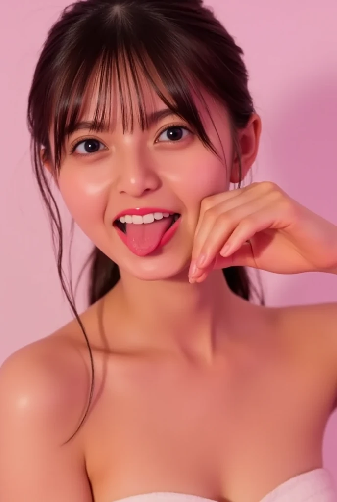 triangle-bikini,(open mouth:1.5),(tongue out:2),standing,hand on own chin,finger to own mouth,eye level shot,front view,cowboy shot,(1girl,Beautiful 14 year old girl,ager),((Slender,Small breasts,Small face,)),(looking at viewer),Black Hair,bangs,straight,Beautiful and detailed,(Dimly lit room:1.5),shower room,Mischievous smile