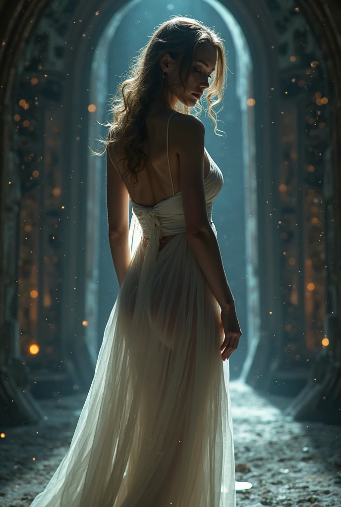 A girl in a long white dress in a European-style castle, grey hair, side braid, halo, hair ribbon, mole under eye, mismatched pupils, chiaroscuro, cinematic lighting, depth of field, motion blur, sparkle, first-person view, from below, from behind, from side, panorama, wide shot, lens flare, bokeh, UHD, masterpiece, ccurate, super detail, best quality, award winning, highres, 1080P, 16k