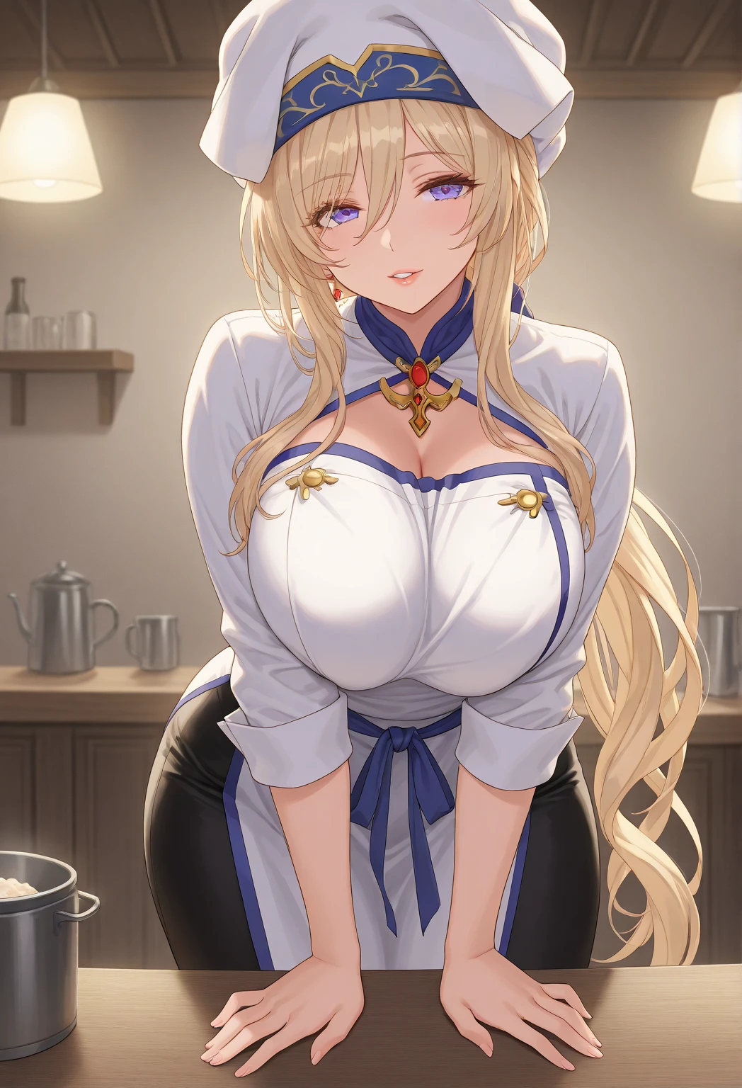 anime, elven adventurer, big breasts, thick thighs, nice hips, skimpy leather armor, bow, blonde hair, tavern, drunk, undressing (breast plate),