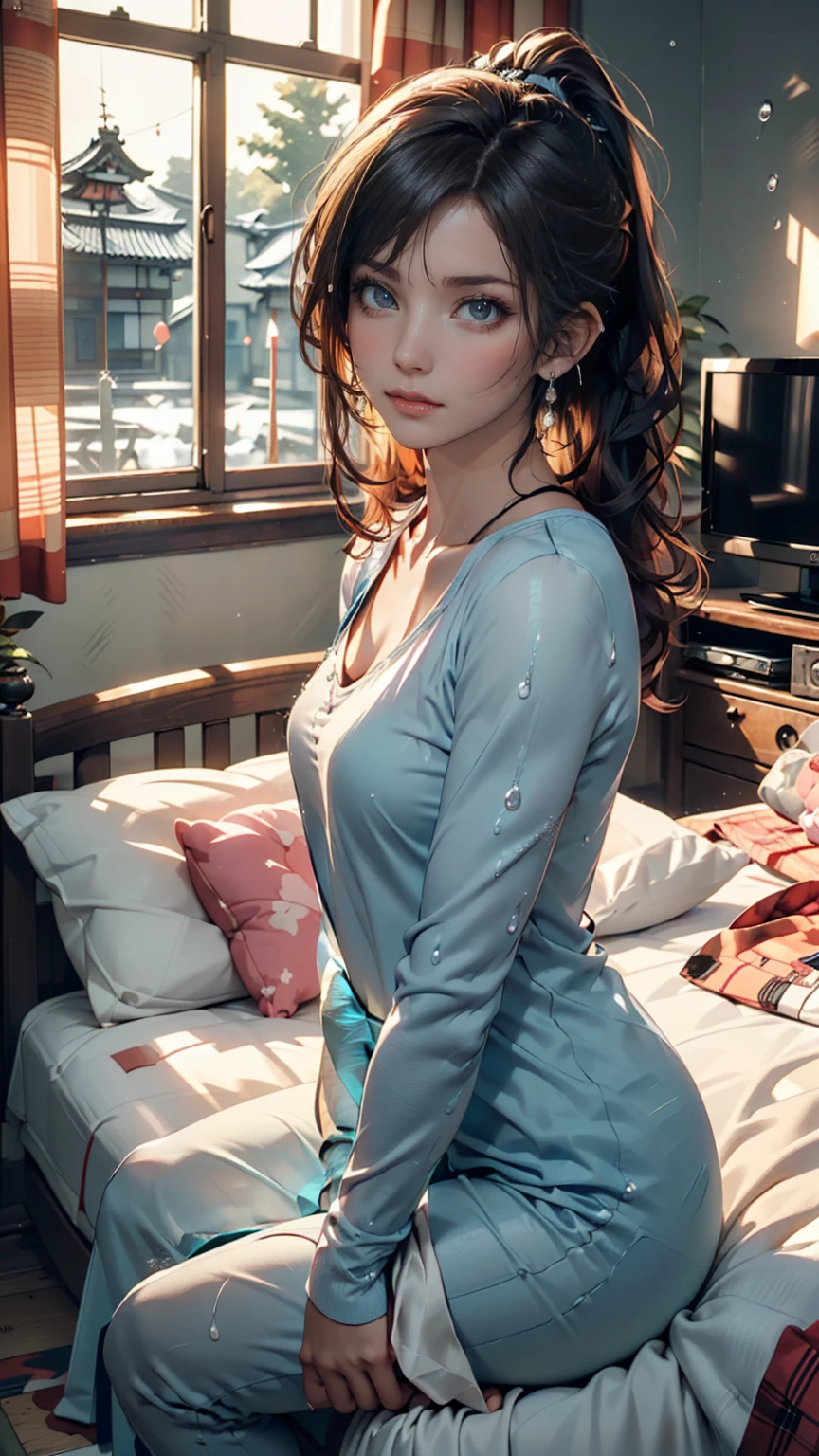 Sexy MILF, tight wrap updo hair, wearing teal satin pyjamas and shorts, huge breast, front view, sitting on the edge of a bed, Symmetrically Centre, Facing the viewer.