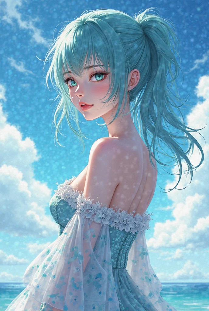 ((best quality)), ((masterpiece)), (detailed), femboy, white skin, blue aqua hair, blue eyes,short hair,( flat chest), thin body, big butt ,cute face,blush on face, shy face, frilled dress, short dress, blue sky color dress, sexy pose, hot pose, flower background 