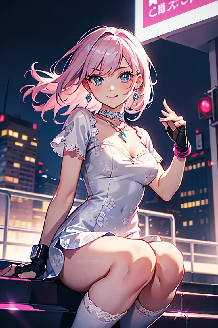 (8k、Best image quality、highest quality、masterpiece)、Detailed face、One Girl、Dark silver hair、Bobcut、Pink inner hair、Pink Eyes、Earrings、Wicked Smile、Moderate bust、White shirt、((Removed buttons))、Cleavage、Black pleated skirt、((White and black striped panties))、White socks、loafers、squat、put your hand on your face、Leg spread、Shooting from below、Night downtown background