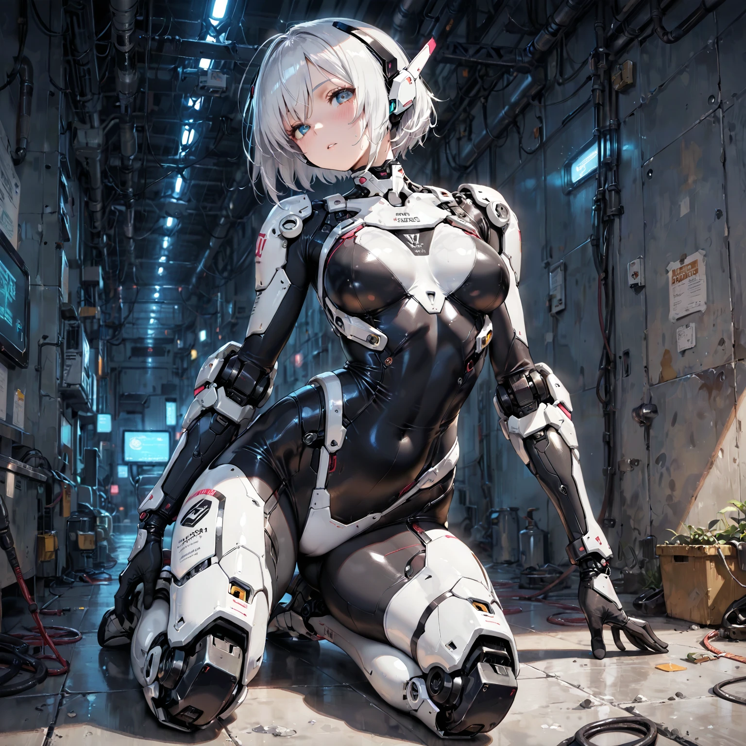 Beautiful Face,face is Japan, 1 Woman, Big, Curvaceous,(8k, RAW photo, top quality, masterpiece: 1.2)(Realistic, Photorealistic: 1.37) (Blood vessel attached to tube)((((Bikini Cyborg robot parts)))), (Light gray hair), Long hair, Wavy hair, Twin tails, Medium shot, ((Seductive smile) ), (Black Eyes), Hime Cut,From Below,(whole body),posing,,Inside the lab,( Blood vessel connected to a tube),((Mechanical vertebrae attached to the back)),((Mechanical neck attached to the neck)),(Wire and cable attached to the head and body),(Character Focus),Science Fiction,
