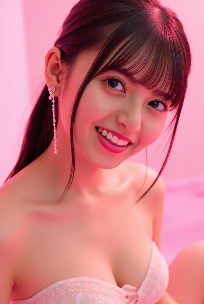 Beautiful girl, busty figure, charming face, beautiful breasts, top, Tumblr, sexy girl, beautiful and unusually beautiful, sexy pose, pink Camisole top, Jean shorts, in Pastel colored room with colorful balloons,lie on her back with one arm held up so as to directly cover one side of her face.