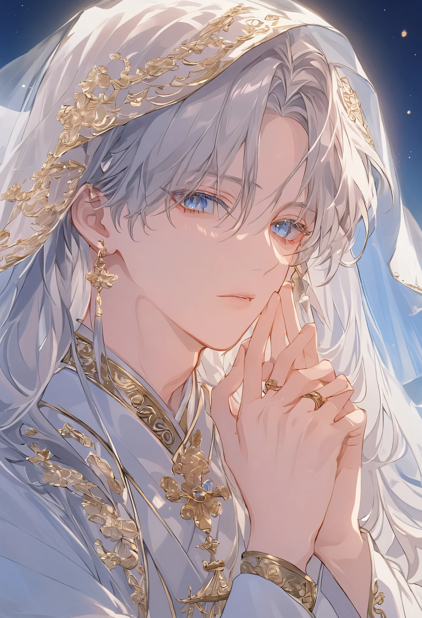 "Anime-style male character, kneeling in prayer. Silky platinum hair flows gracefully beneath a translucent veil adorned with delicate golden filigree embroidery that shimmers softly. His sapphire-blue eyes and sharp jawline enhance his mysterious beauty. He wears a sacred robe in white and gold, its intricate patterns glowing faintly under candlelight."