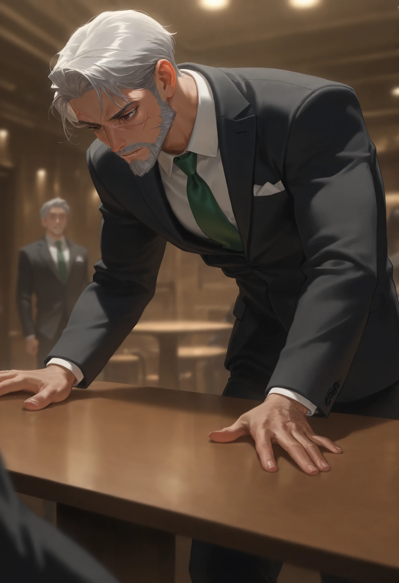 best quality, masterpiece \(quality\), L0LSPL4SH, year2024, year2023, West Studio, sixmorevodka, 1male, taller frame, dominant posture, short grey hair, brown eyes, facial hair, scar on the lip, cruel gaze, wearing a black formal suit, green tie, political, standing, over a table, 3/4 view, dynamic view,