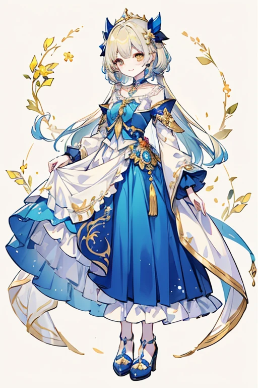 girl１People only、background white、１５Age、pale yellow dress seen from the front、bob hair、Gradation from hair color gold to just the tips、Lots of frills、The color of the shoes is blue、 standing、Long Skirt、Smiling Face、front、Courtesy