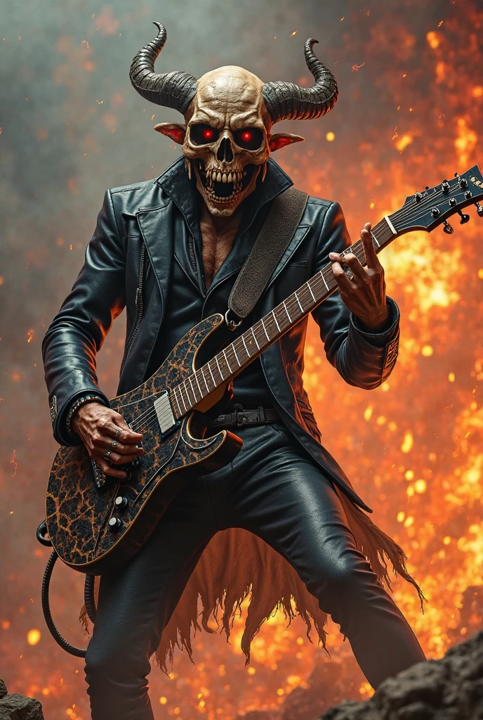 create the image of a full-length skull playing a black les paul guitar while smoking a cigarette using white nike air force one sneakers, gold jewelry and a chain with a "TJ" pendant, rings on your finger and a black jacket, alongside several sexy women with skull faces and wide hips. in the background showing a lot of red sky and a city completely destroyed and on fire in a post-apocalyptic climate while lightning strikes giving a tone of complete chaos